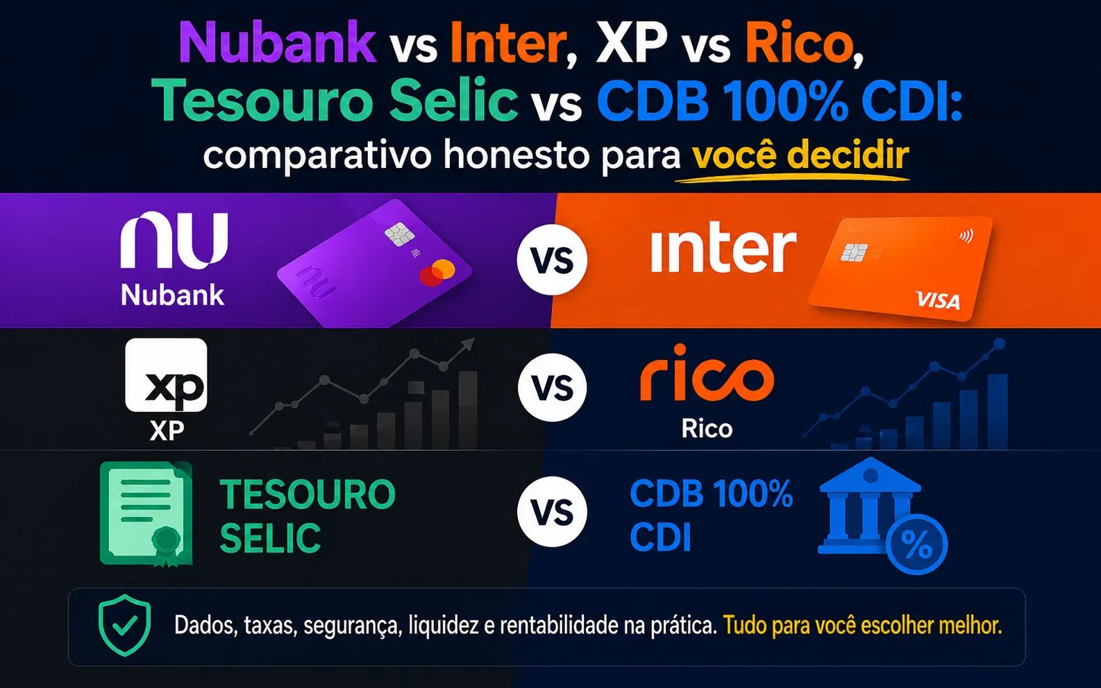 Comparativo entre Nubank vs Inter e XP vs Rico para quem quer investir melhor