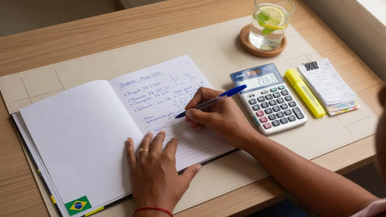 Lista de gastos e calculadora sobre mesa organizada para iniciar o controle financeiro