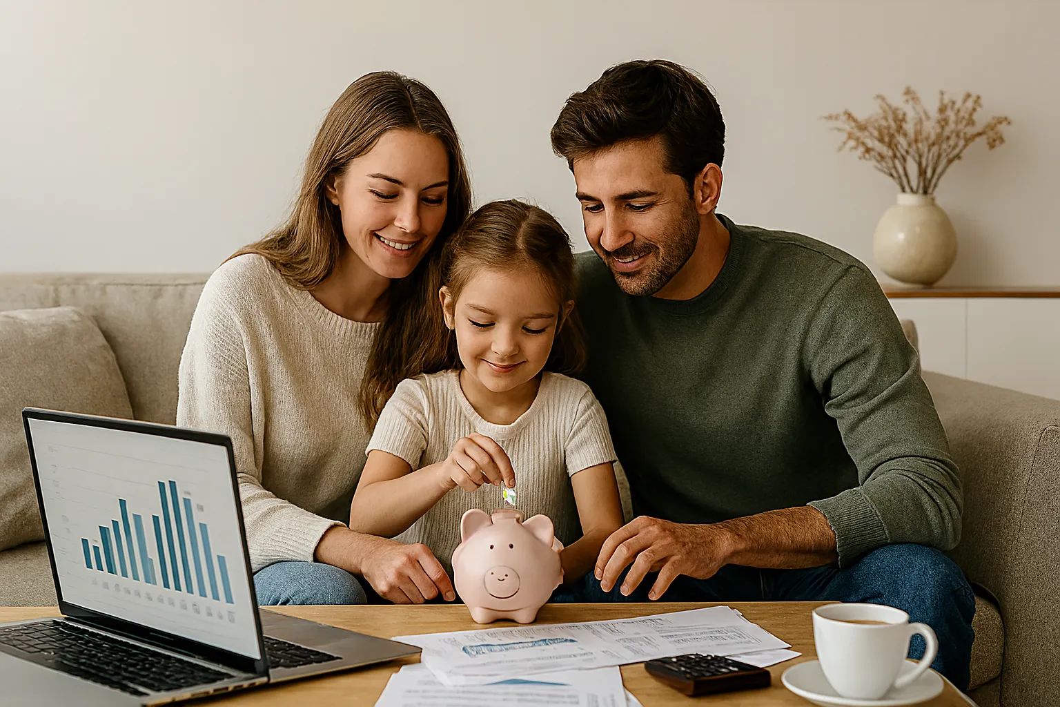 Criança aprendendo sobre dinheiro com cofrinho e livros