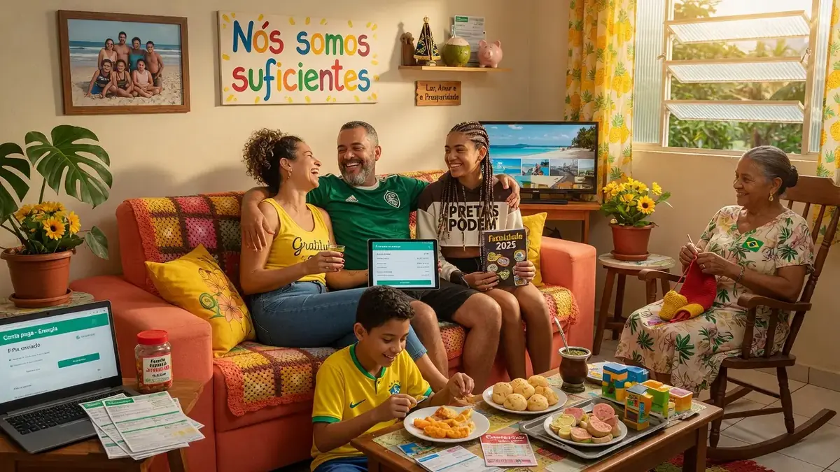 Família tranquila em casa após alinhar decisões e segurança financeira