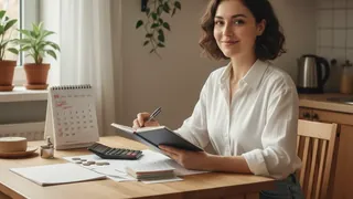 Mulher organizando notas e moedas para controle financeiro