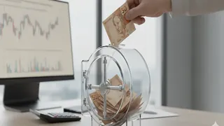 Pilha de moedas em cima de uma nota de R$50,00