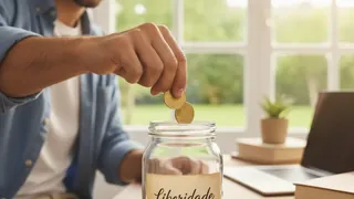 Um homem depositando moedas em um cofre de vidro