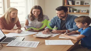 Uma familia sentados ao redor de uma mesa sinalizando um planemento familiar