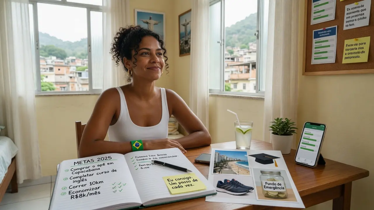 Pessoa motivada ao acompanhar metas financeiras possíveis de cumprir