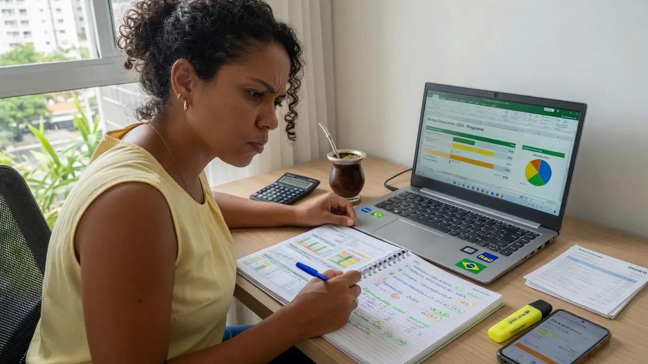 Planejamento visual com metas financeiras divididas em etapas claras e alcançáveis
