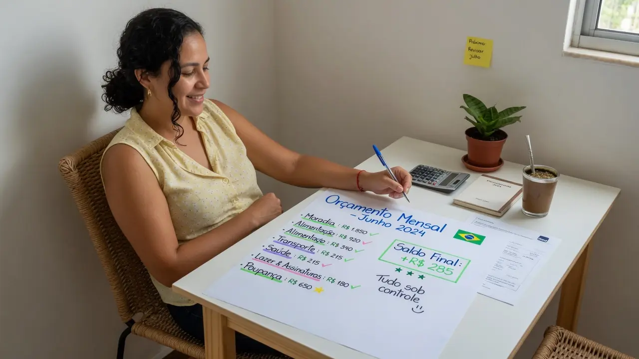 Pessoa revisando o orçamento mensal com sensação de clareza e controle