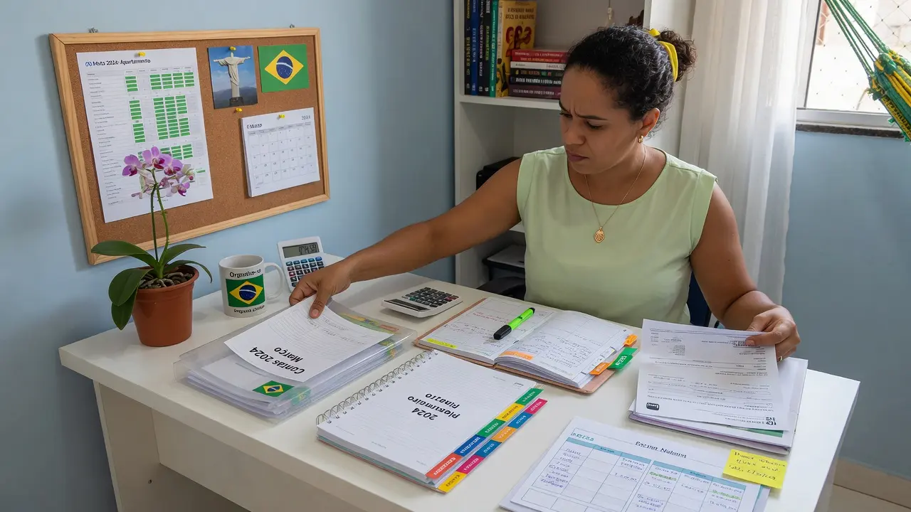 Mesa organizada com anotações e plano financeiro para controlar a vida financeira
