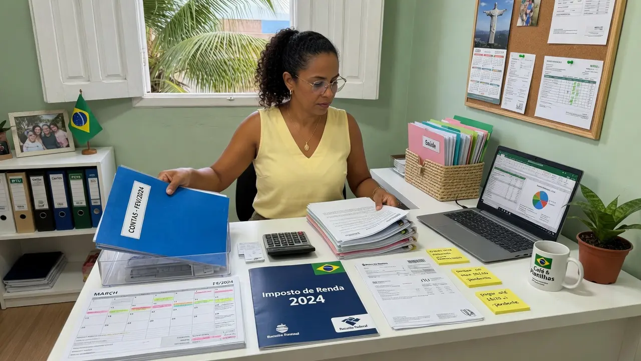 Pessoa organizando documentos e finanças pessoais em casa com mais clareza