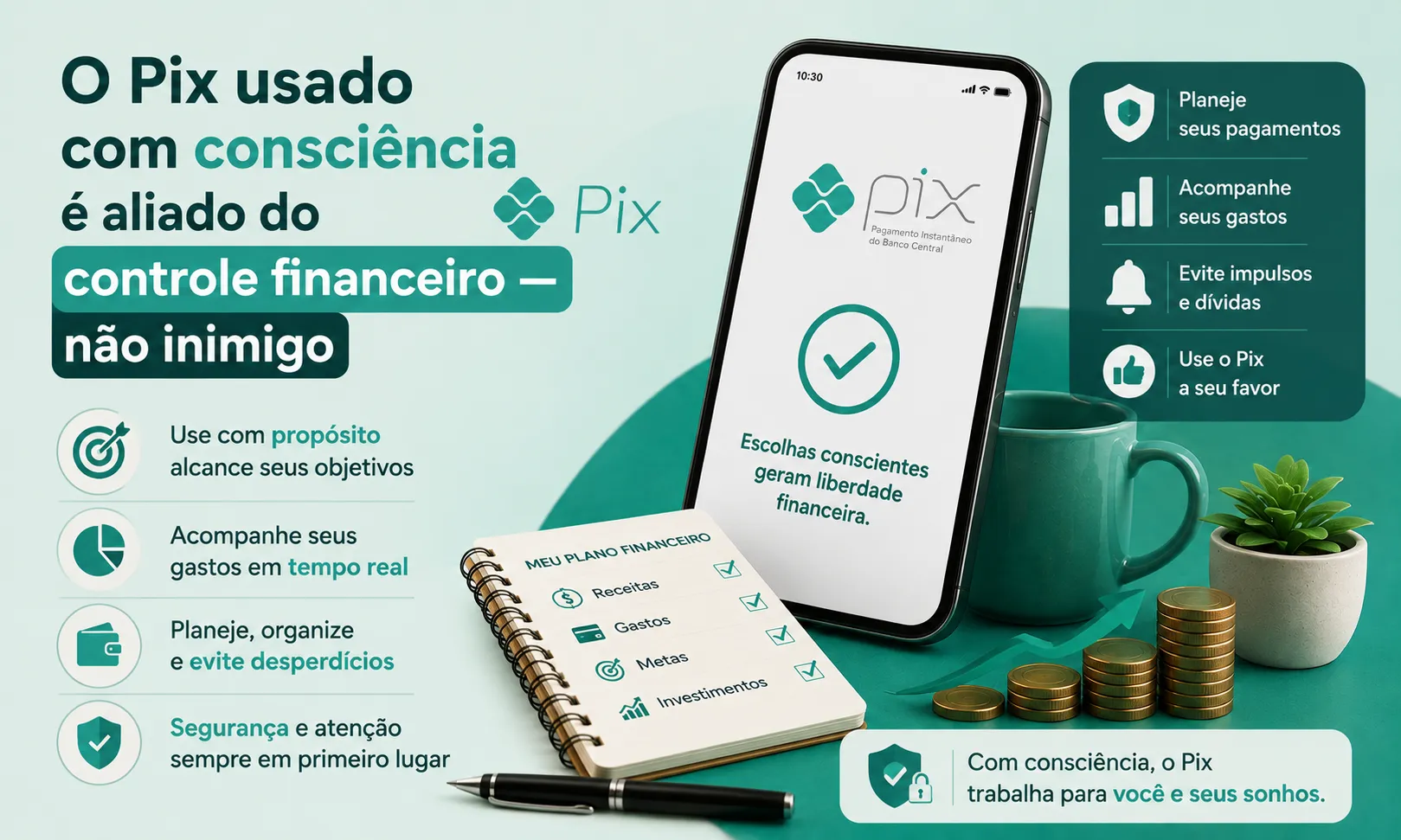 Pessoa usando o Pix de forma inteligente para controlar finanças pessoais