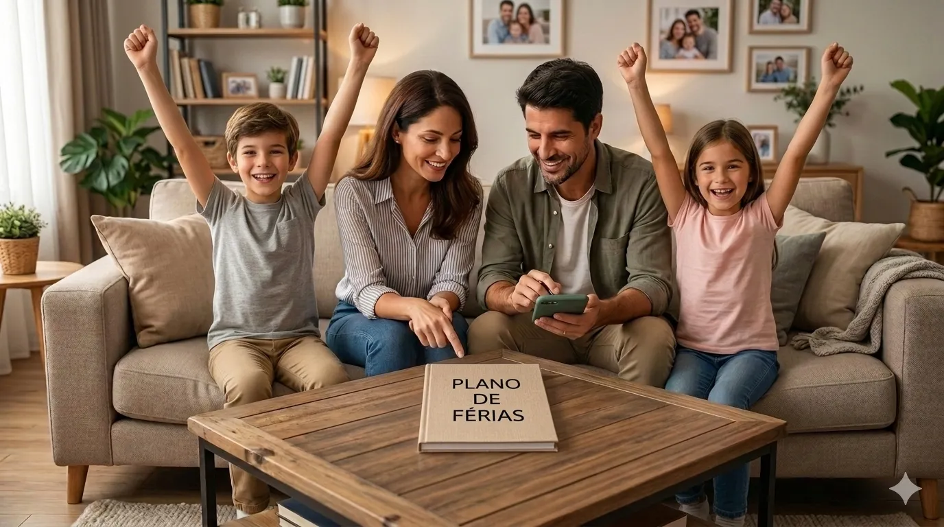 Casal planejando viagem de férias com orçamento financeiro consciente