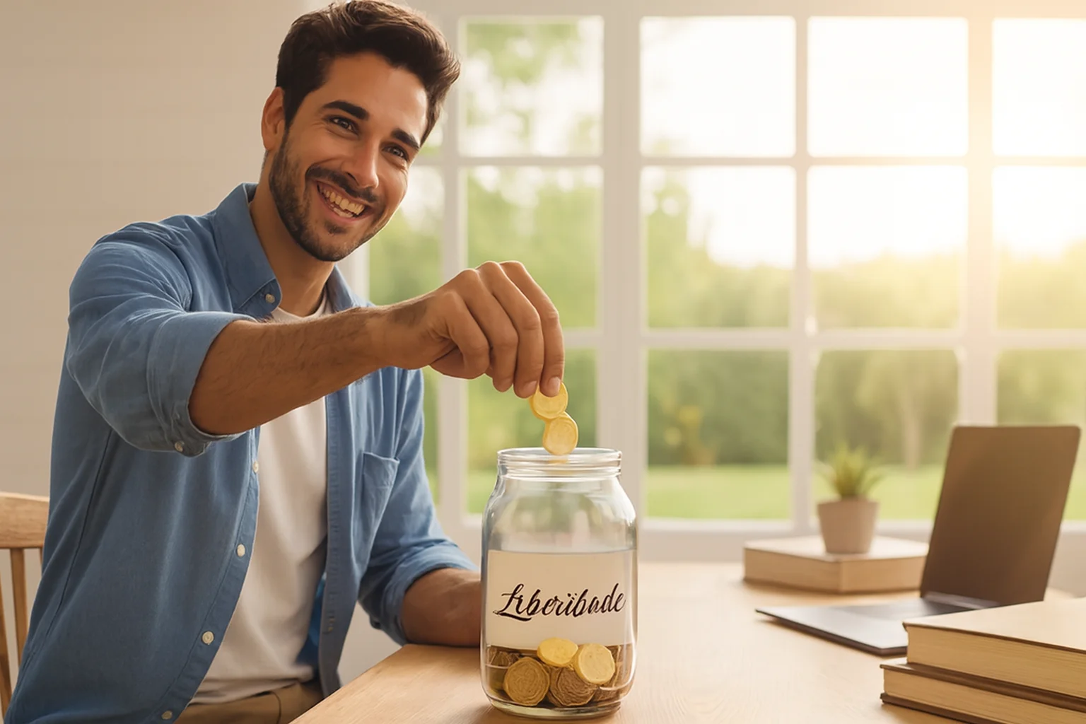 Um homem juntando moeda em um cofrinho de vidro com proposito para sua liberdade