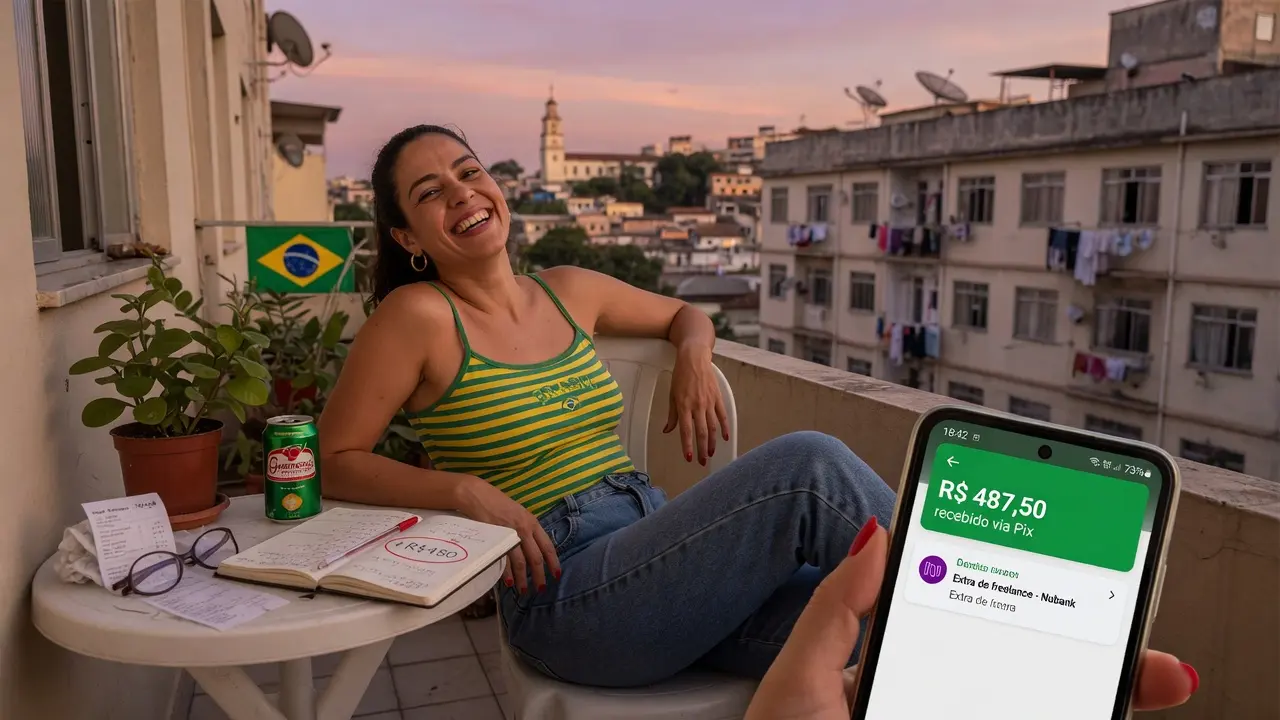 Pessoa satisfeita ao direcionar renda extra para metas e equilíbrio financeiro