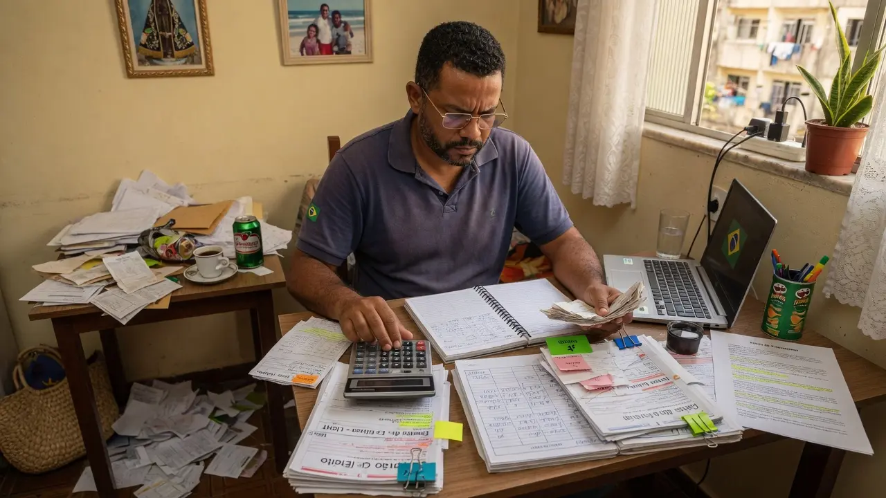 Pessoa organizando dívidas com calculadora e anotações para criar um plano de ação